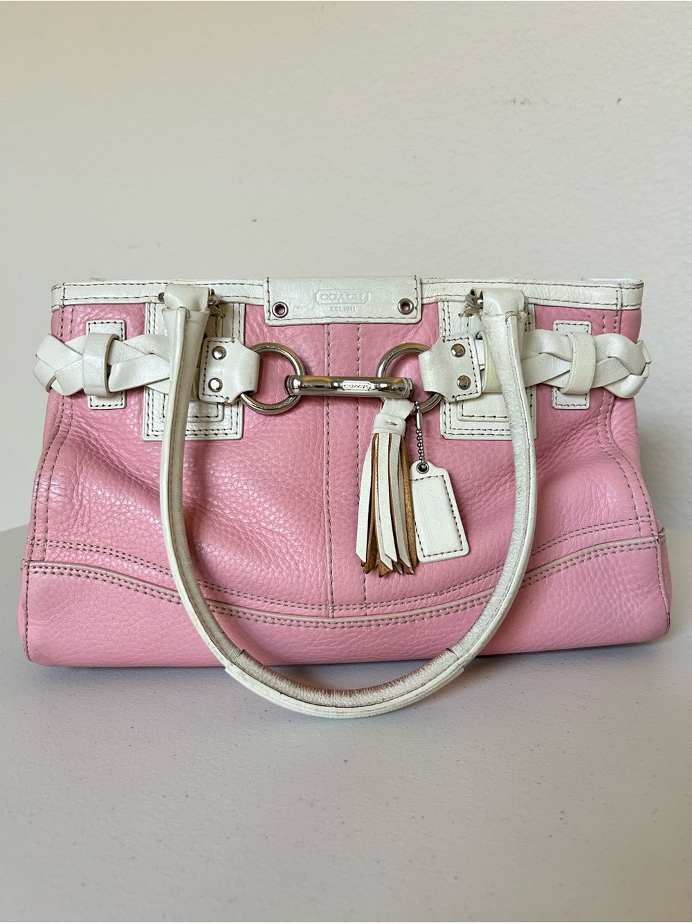 Coach Vintage Pink Leather Shoulder Bag with White Braided Trim and Tassel